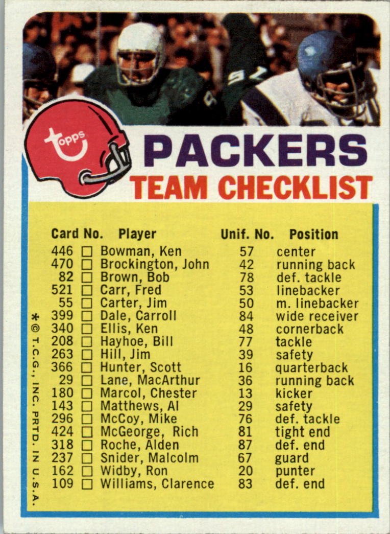 1973 Topps Team Checklists #10 Green Bay Packers