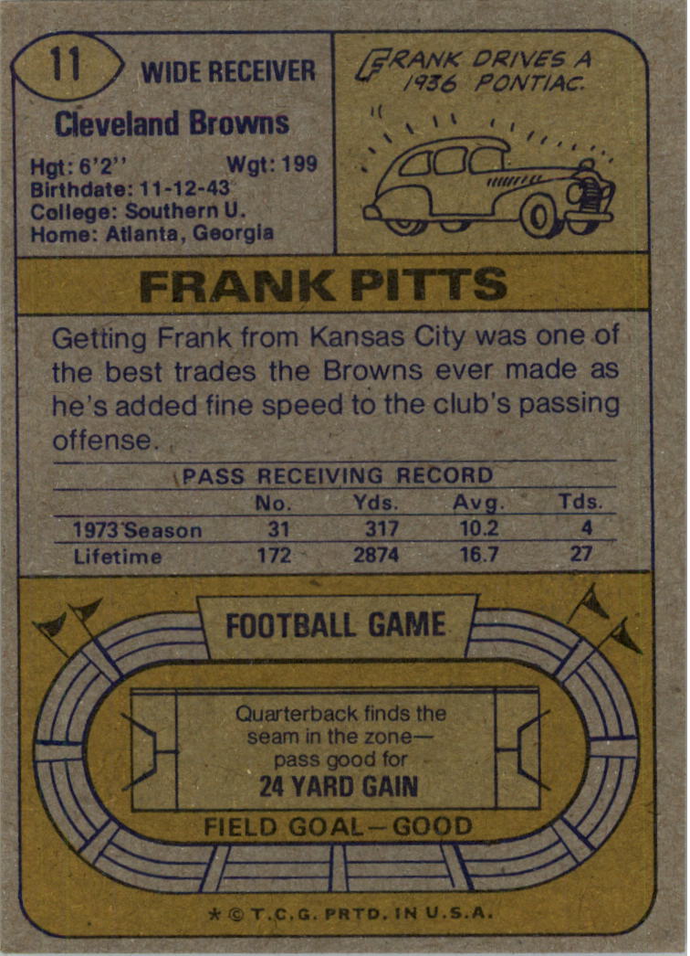 1974 Topps #11 Frank Pitts back image