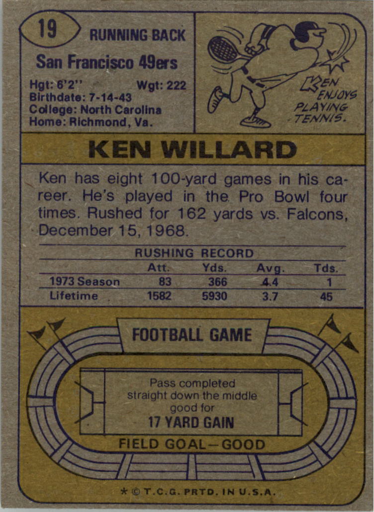 1974 Topps #19 Ken Willard back image