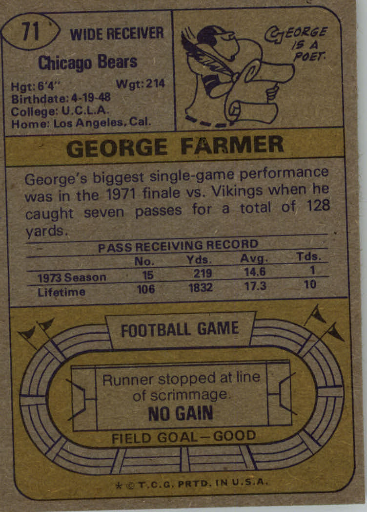 1974 Topps #71 George Farmer back image
