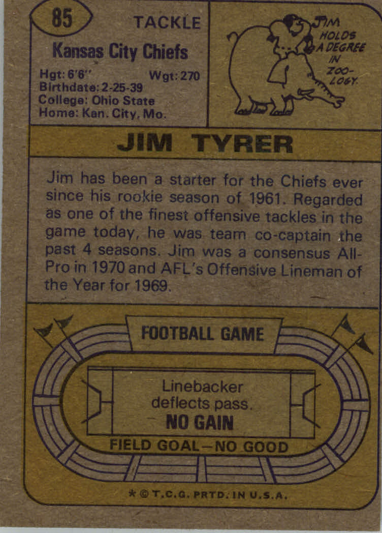 1974 Topps #85 Jim Tyrer back image