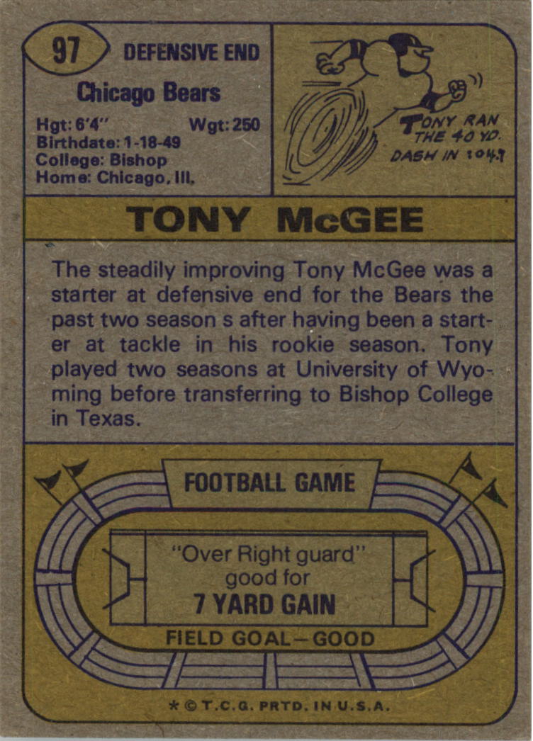 1974 Topps #97 Tony McGee DT back image