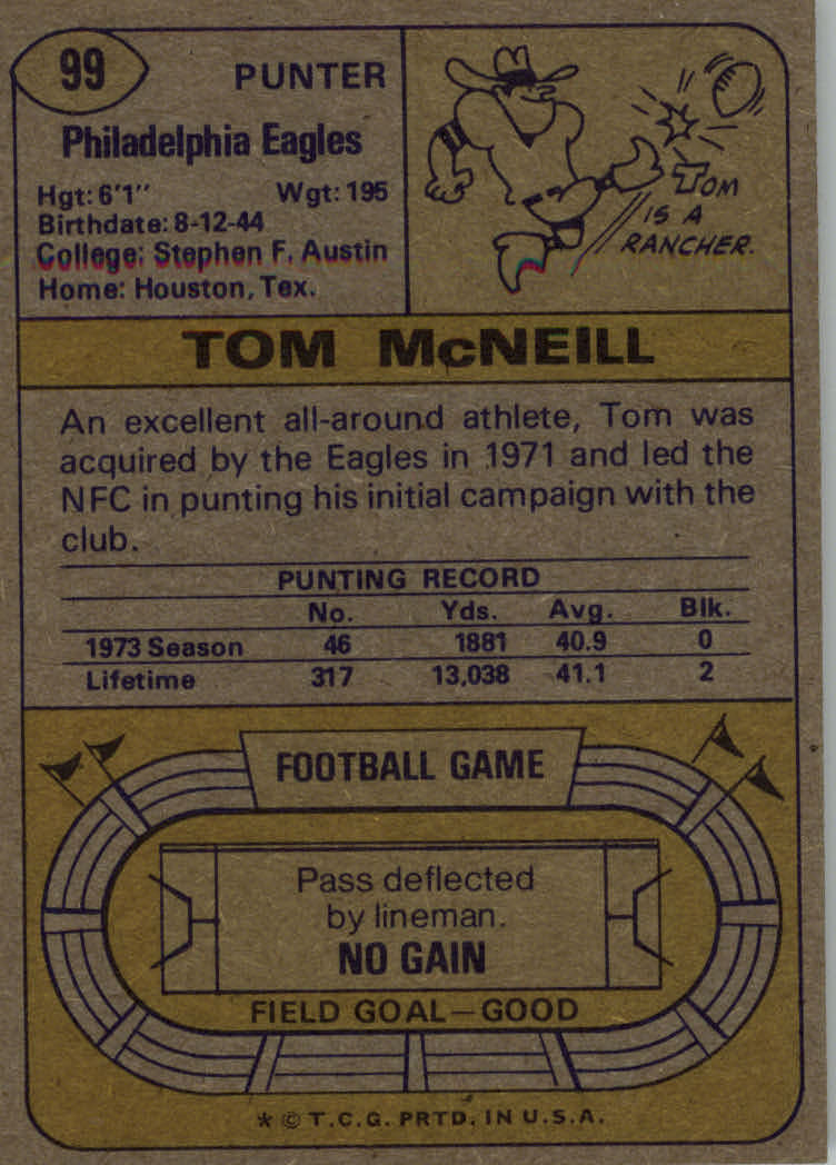 1974 Topps #99 Tom McNeill back image
