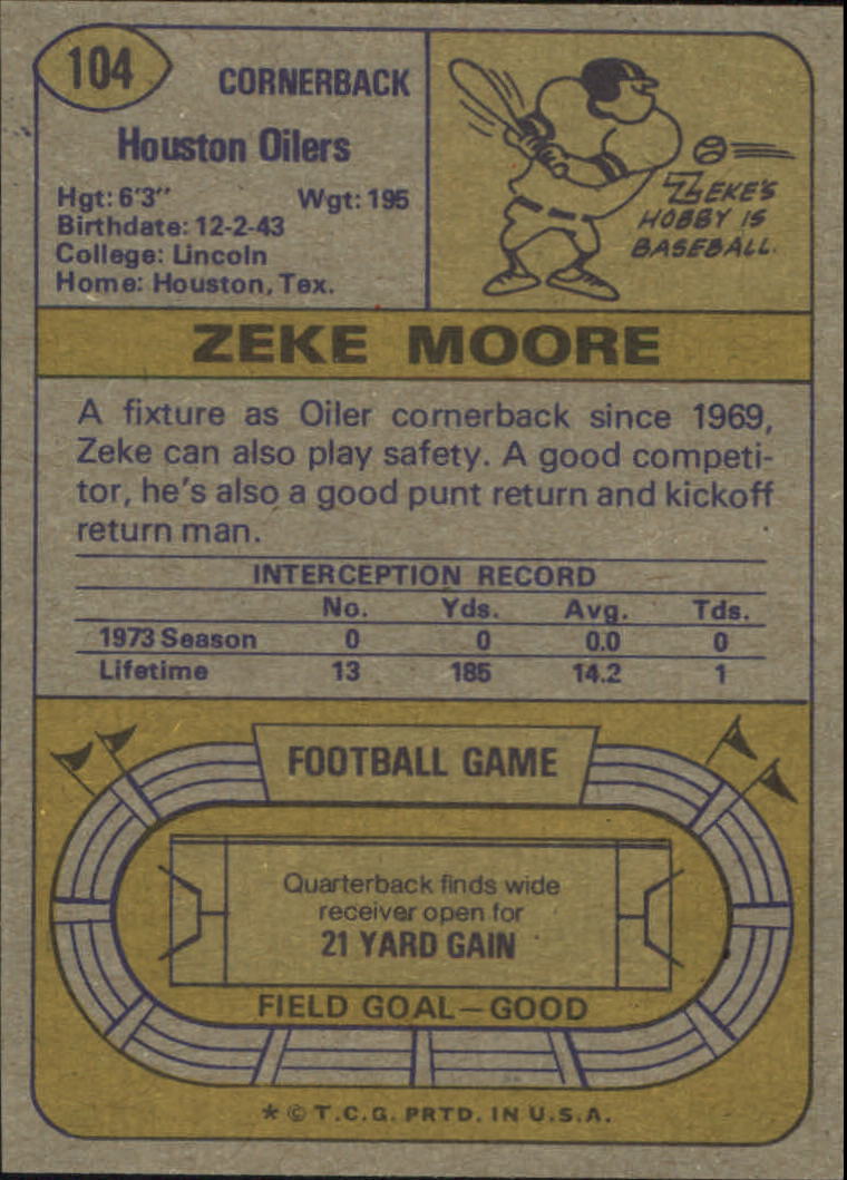 1974 Topps #104 Zeke Moore back image