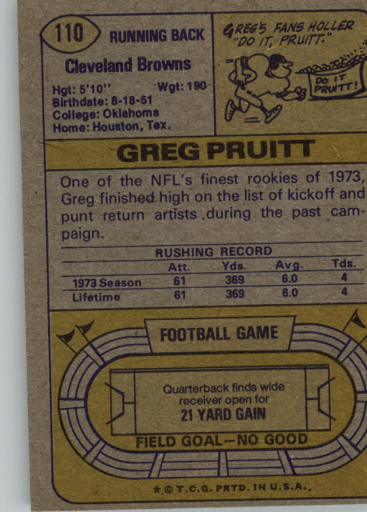 1974 Topps #110 Greg Pruitt RC back image