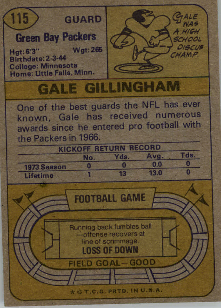 1974 Topps #115 Gale Gillingham back image