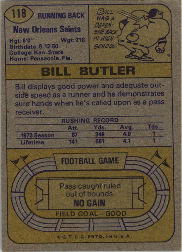 1974 Topps #118 Bill Butler RC back image