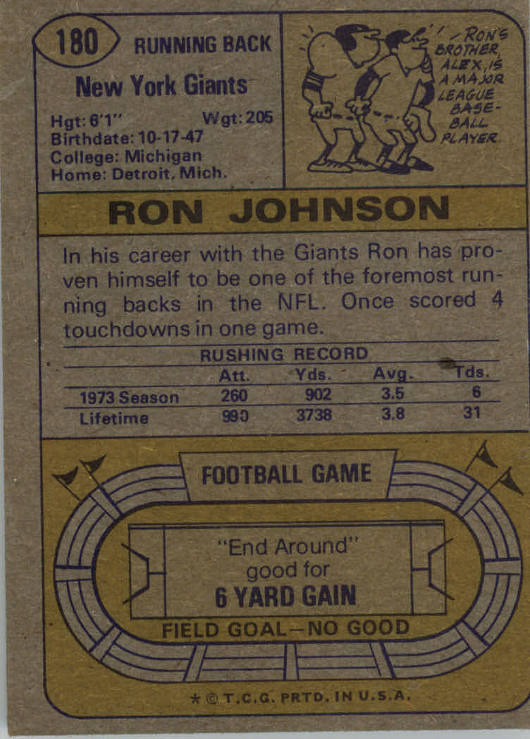 1974 Topps #180 Ron Johnson back image