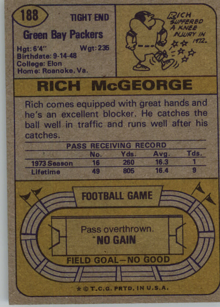1974 Topps #188 Rich McGeorge back image