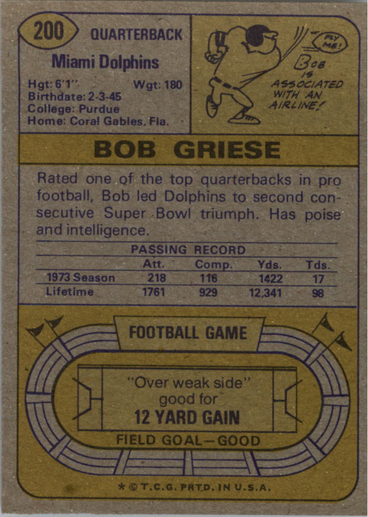 1974 Topps #200 Bob Griese back image