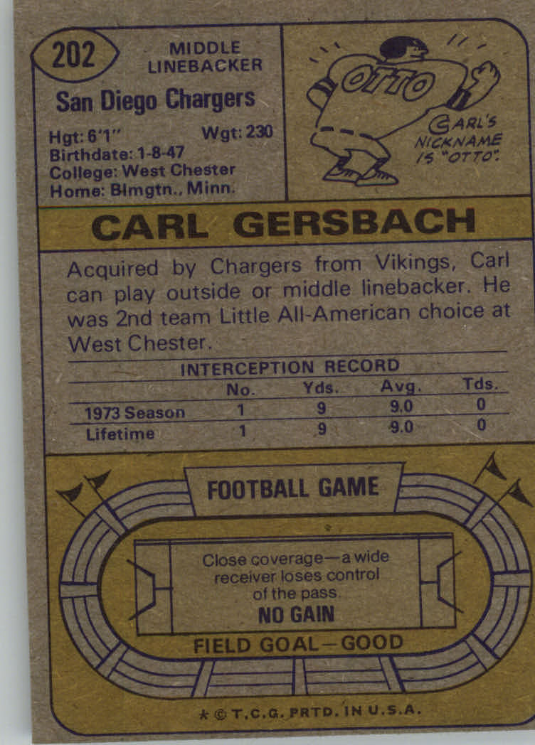 1974 Topps #202 Carl Gersbach RC back image