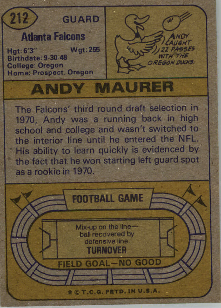 1974 Topps #212 Andy Maurer back image
