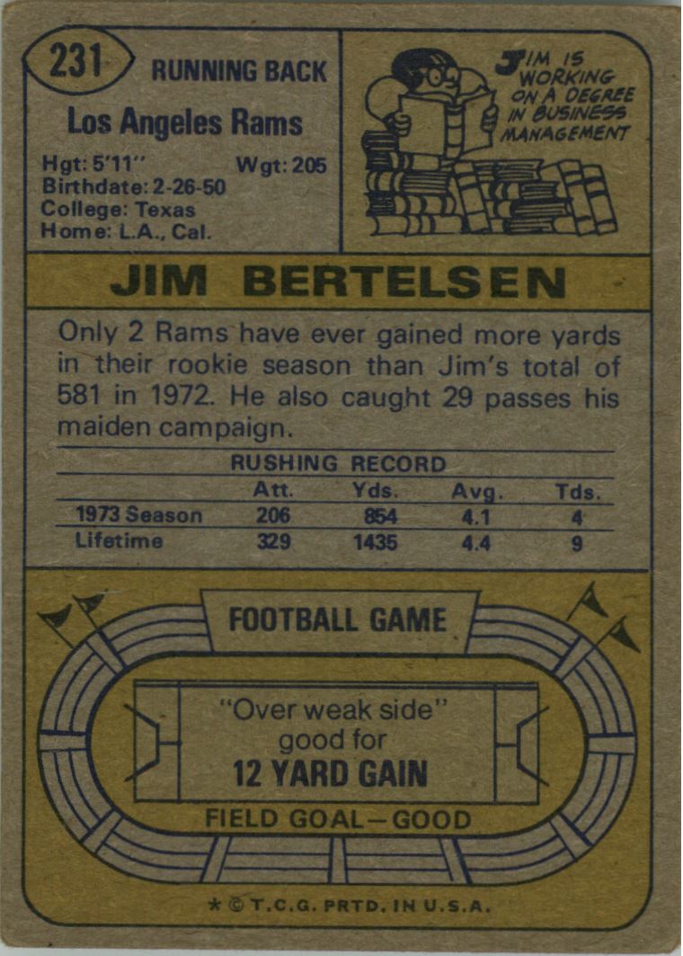 1974 Topps #231 Jim Bertelsen RC back image