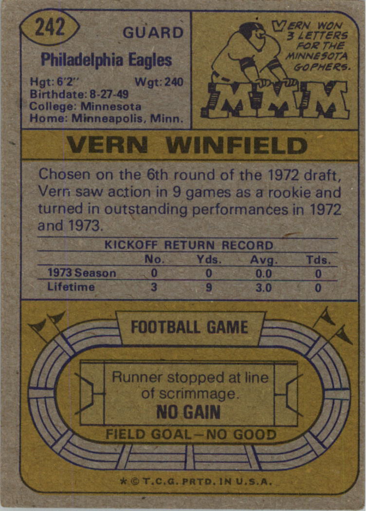 1974 Topps #242 Vern Winfield RC back image
