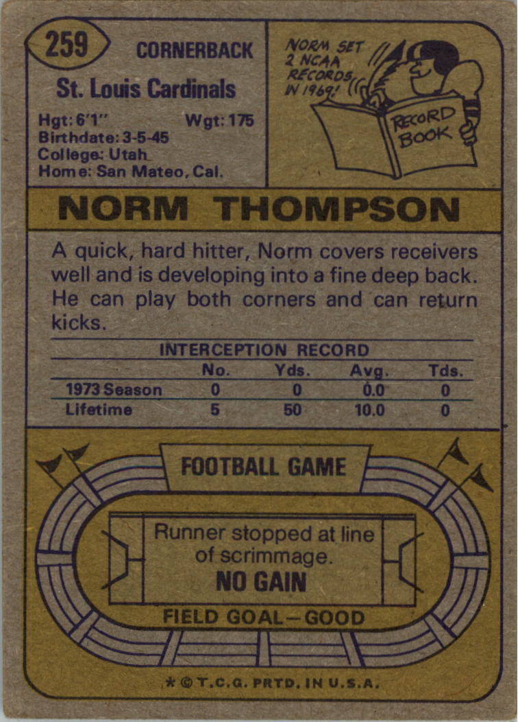 1974 Topps #259 Norm Thompson back image