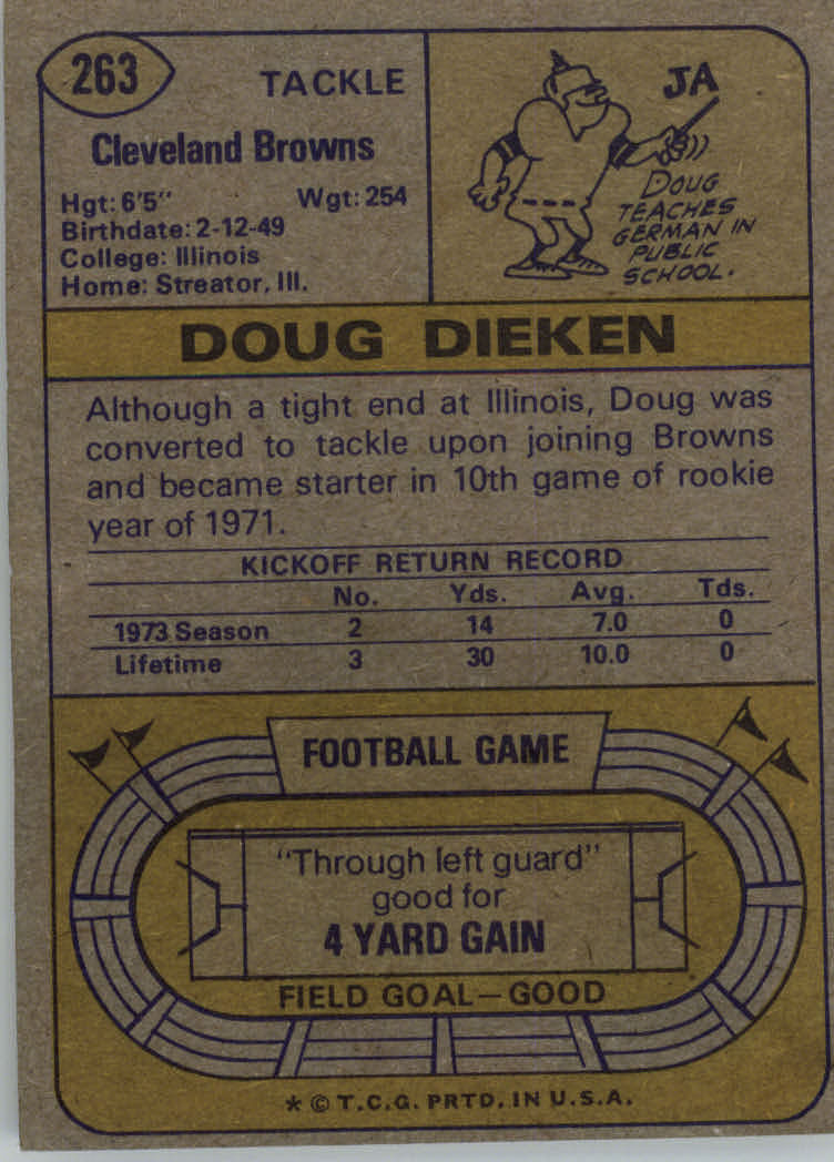 1974 Topps #263 Doug Dieken RC back image