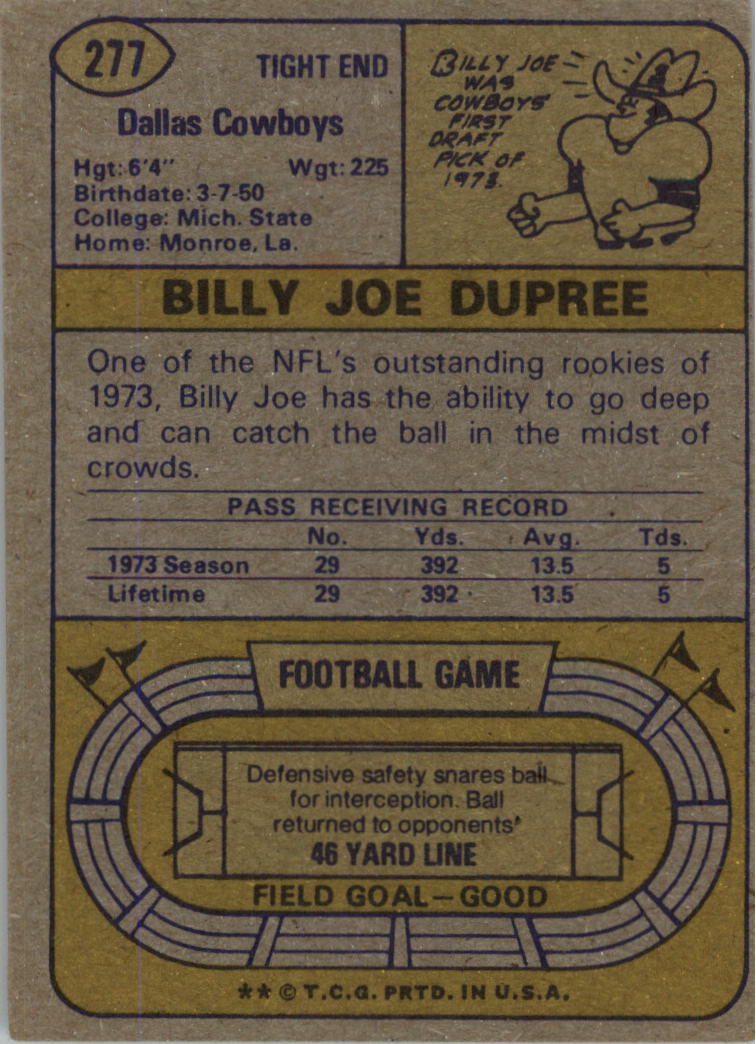 1974 Topps #277 Billy Joe DuPree RC back image