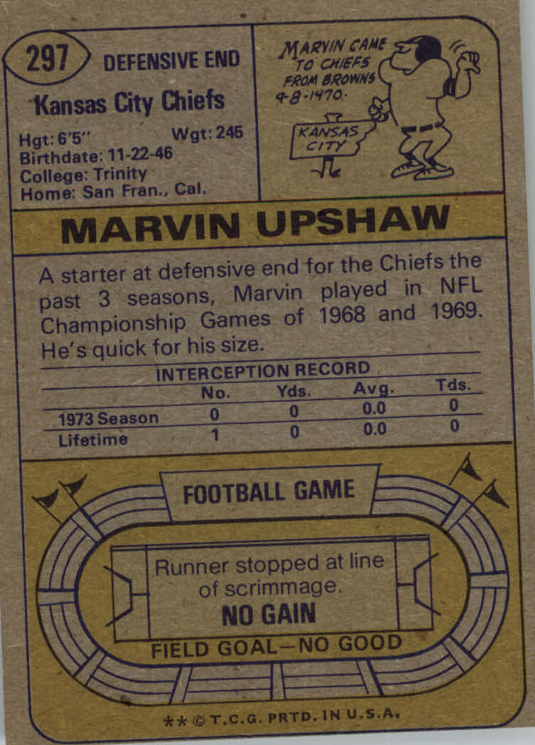 1974 Topps #297 Marvin Upshaw back image