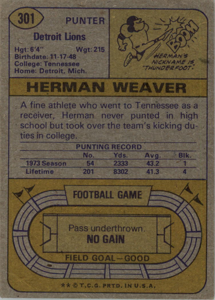 1974 Topps #301 Herman Weaver back image