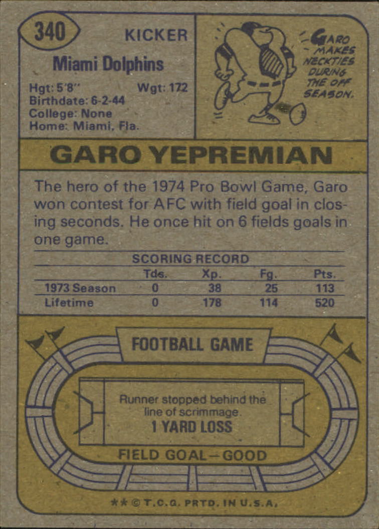 1974 Topps #340 Garo Yepremian back image