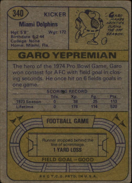 1974 Topps #340 Garo Yepremian back image