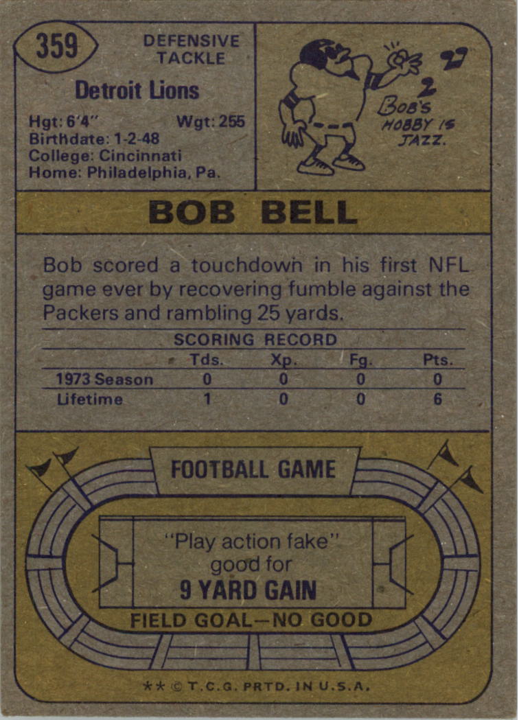 1974 Topps #359 Bob Bell RC back image