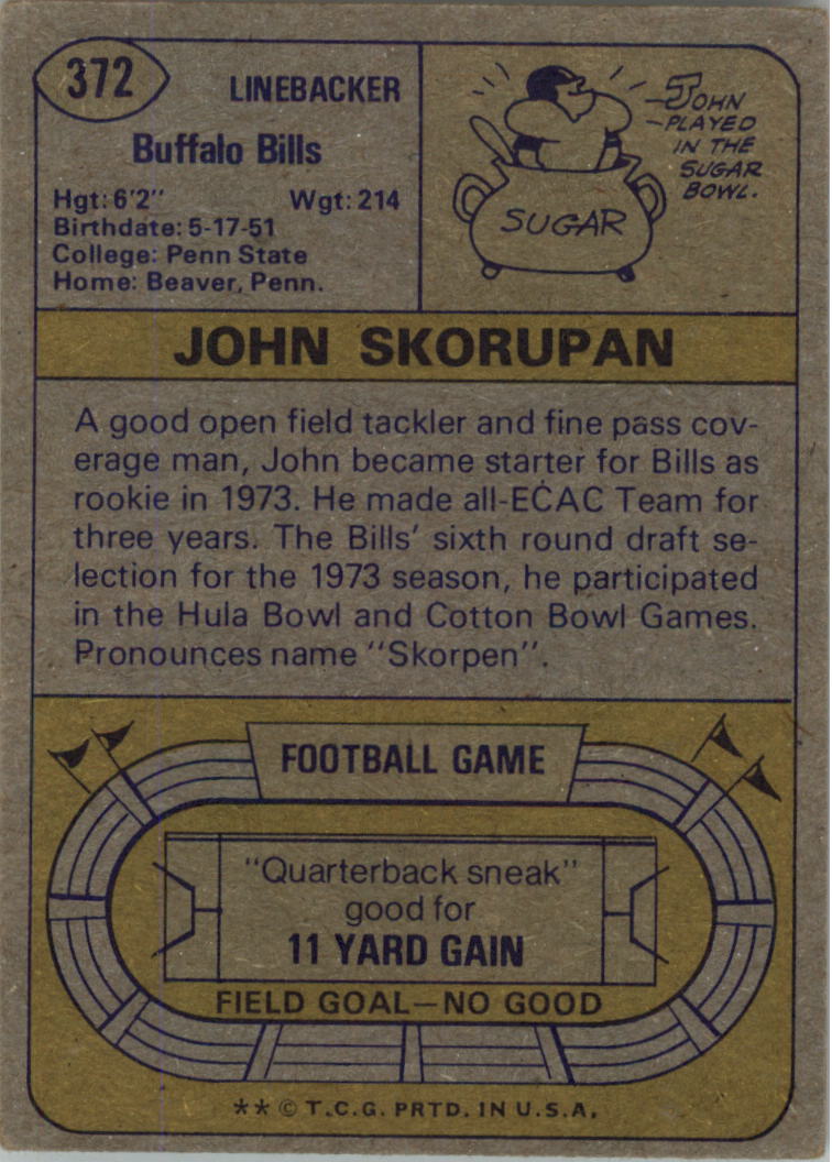 1974 Topps #372 John Skorupan RC back image