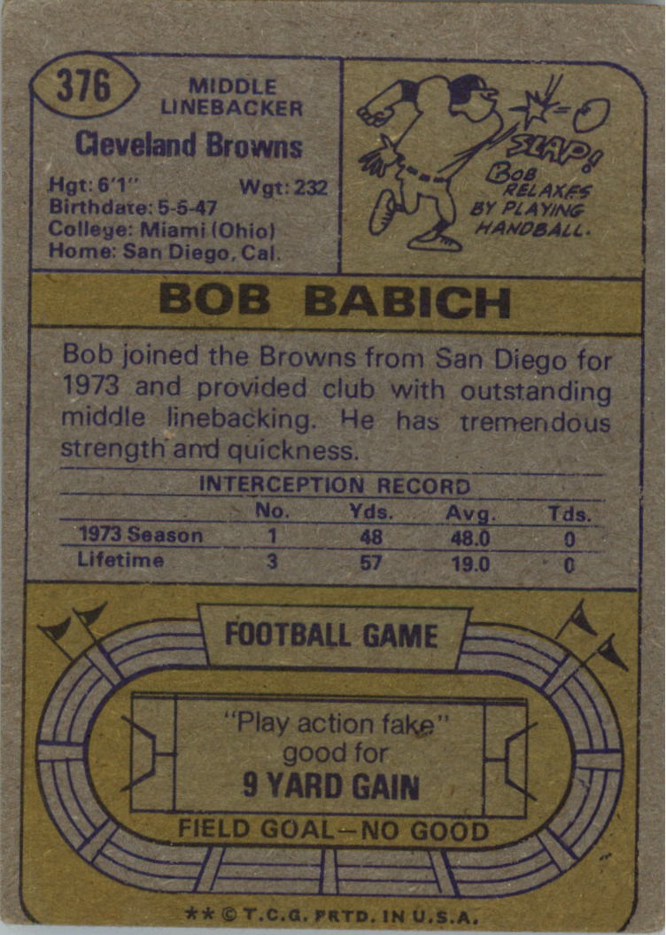 1974 Topps #376 Bob Babich back image