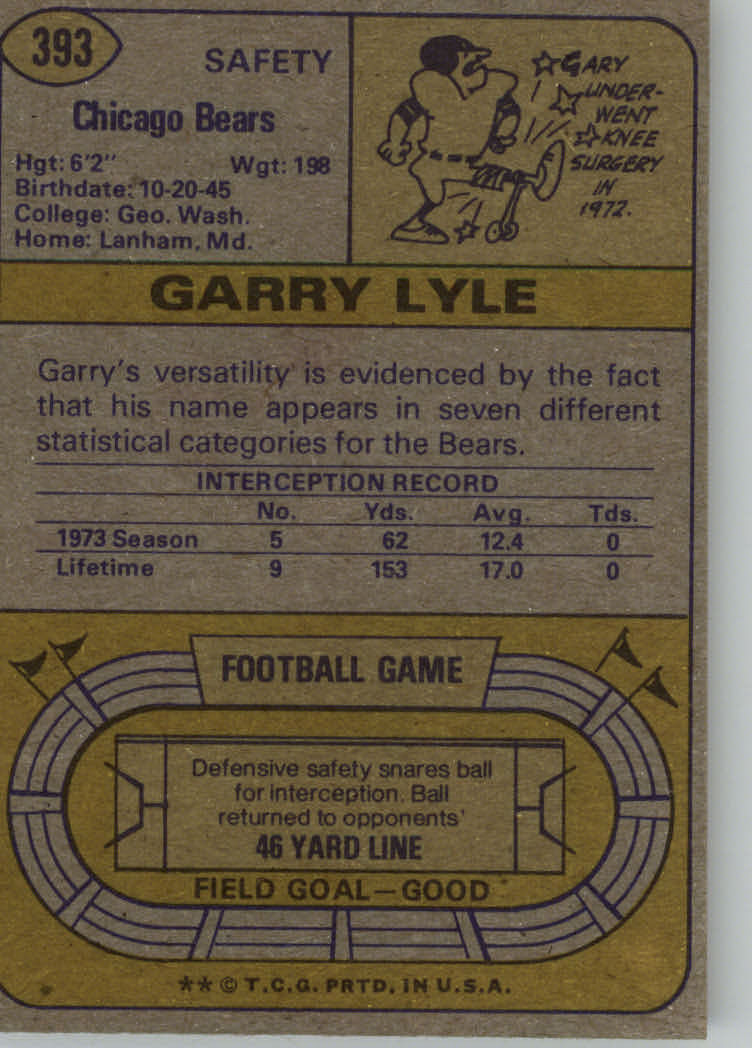 1974 Topps #393 Garry Lyle UER/(Misspelled Gary/on card front) back image