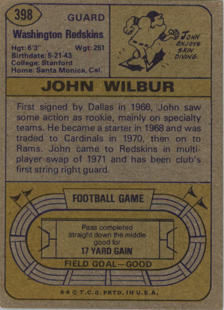 1974 Topps #398 John Wilbur back image
