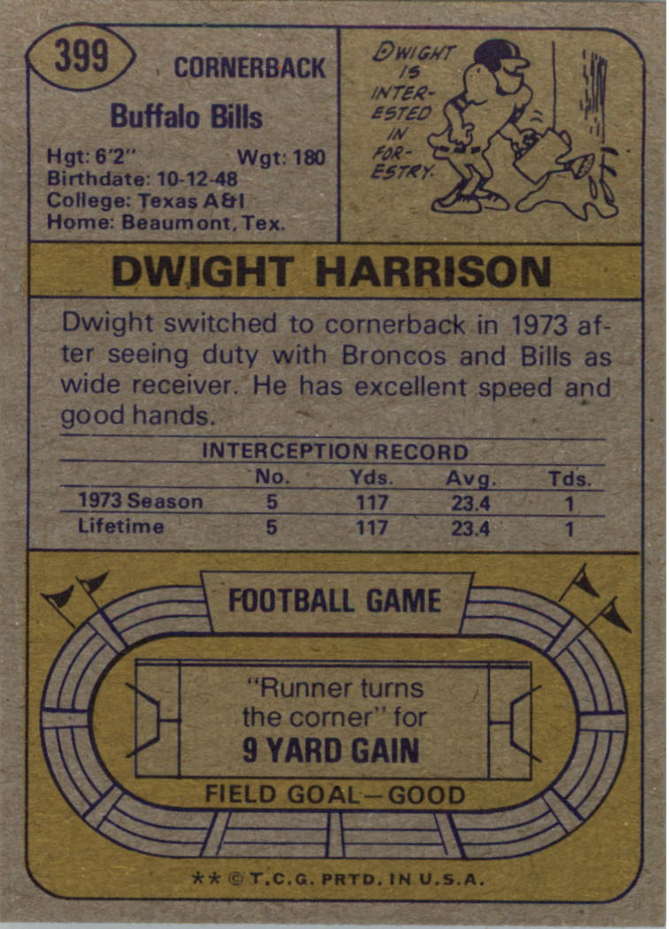 1974 Topps #399 Dwight Harrison RC back image