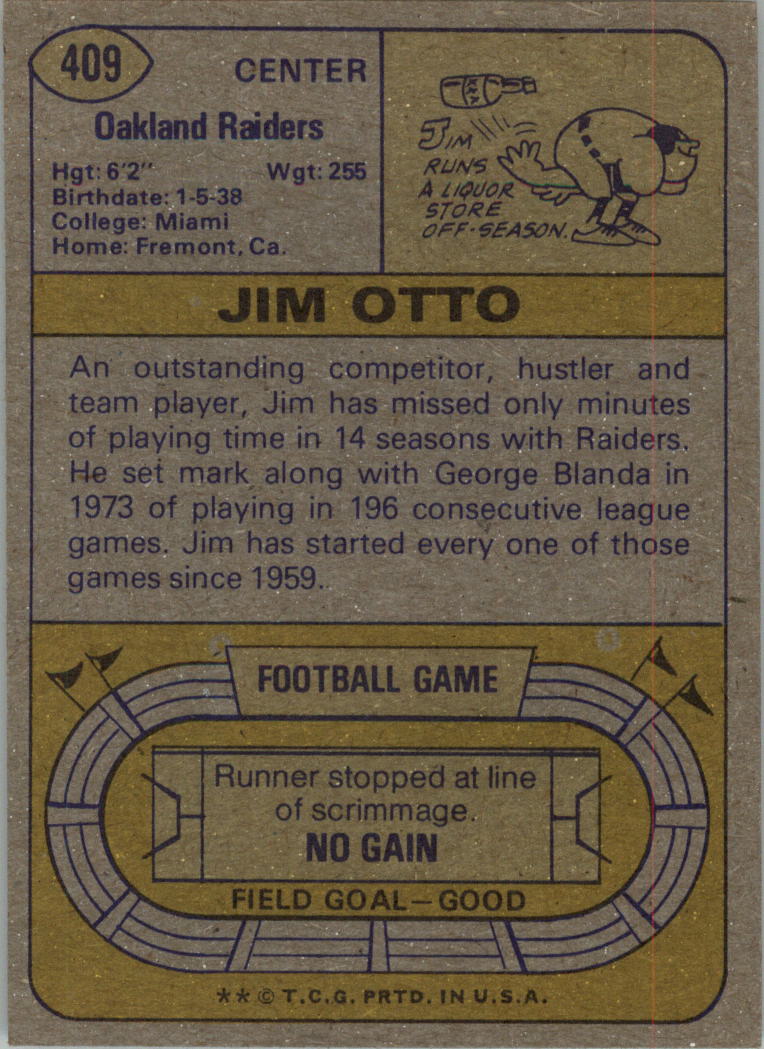 1974 Topps #409 Jim Otto back image
