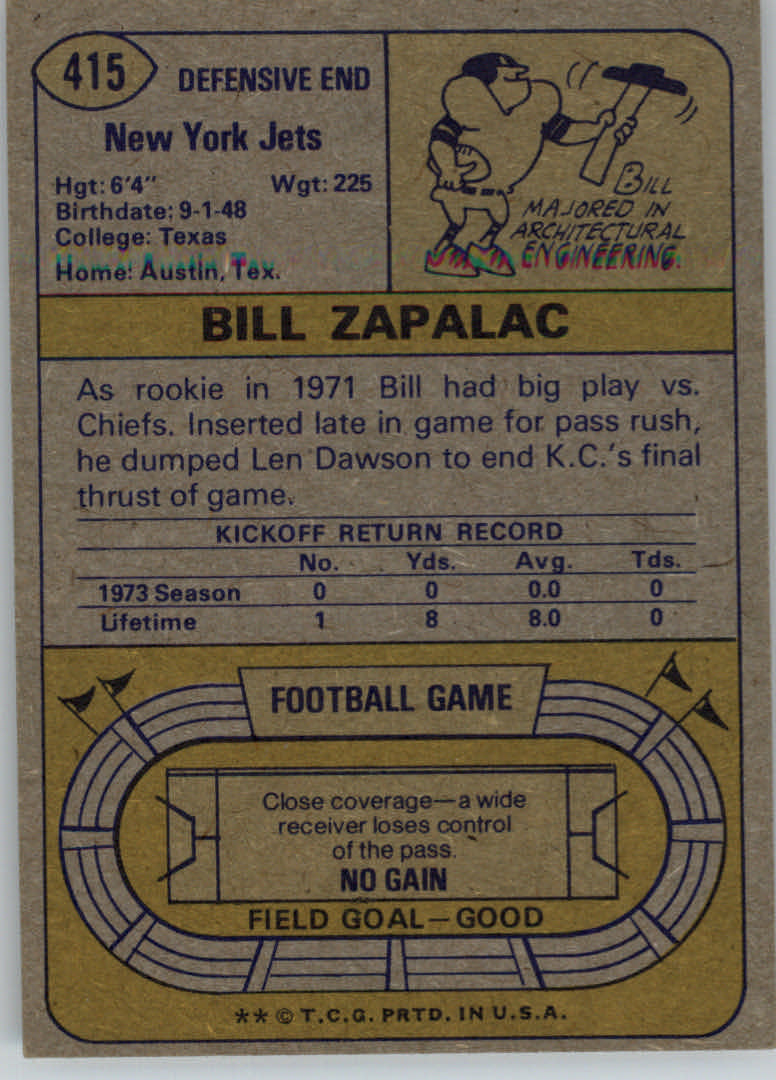1974 Topps #415 Bill Zapalac RC back image