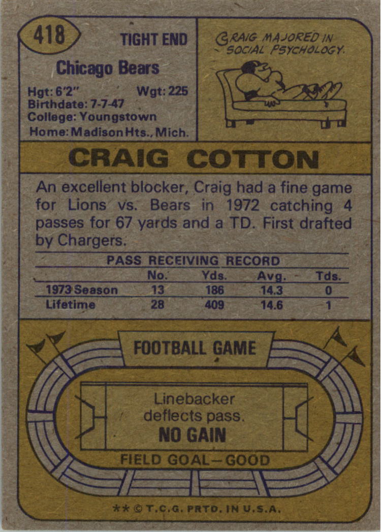 1974 Topps #418 Craig Cotton RC back image