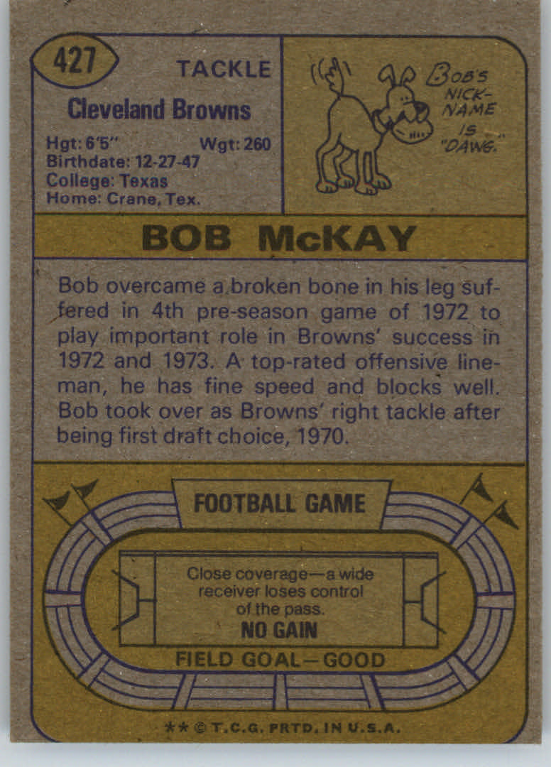 1974 Topps #427 Bob McKay RC back image