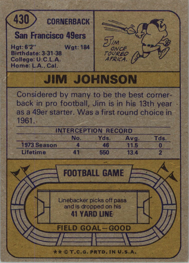 1974 Topps #430 Jim Johnson back image