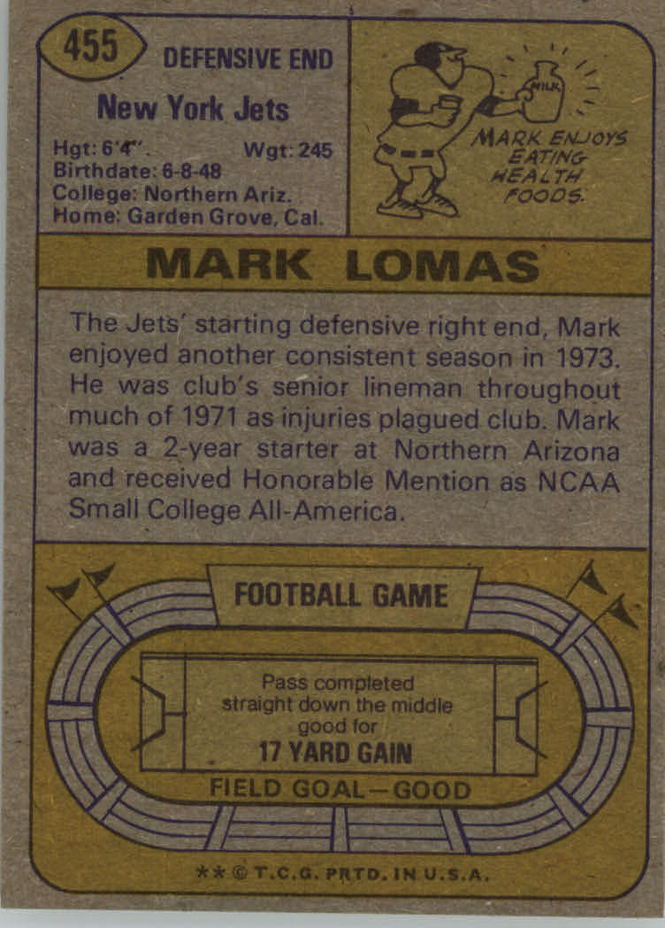 1974 Topps #455 Mark Lomas back image