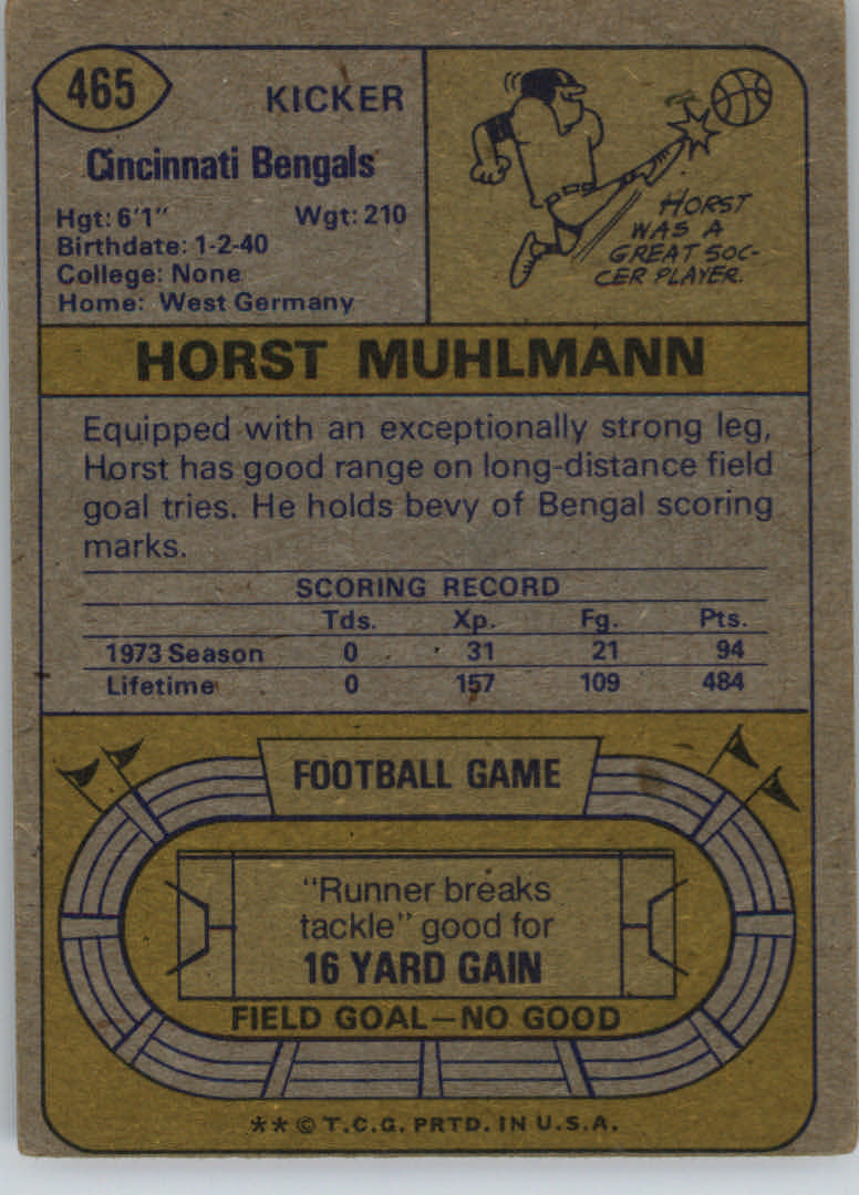 1974 Topps #465 Horst Muhlmann back image