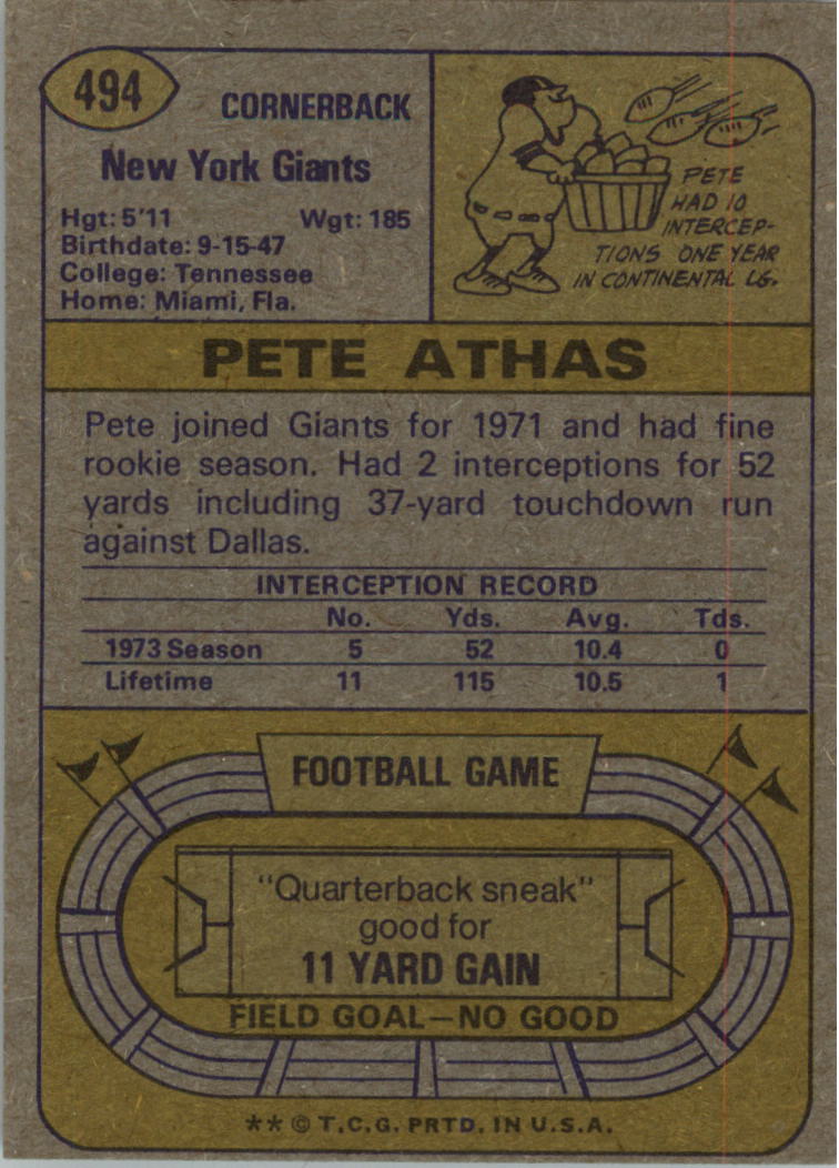 1974 Topps #494 Pete Athas back image