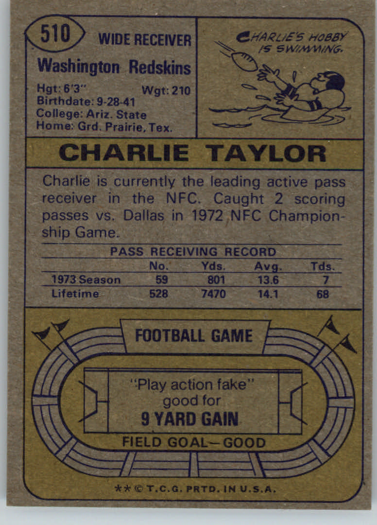1974 Topps #510 Charley Taylor UER/(Misspelled Charlie/on both sides) back image