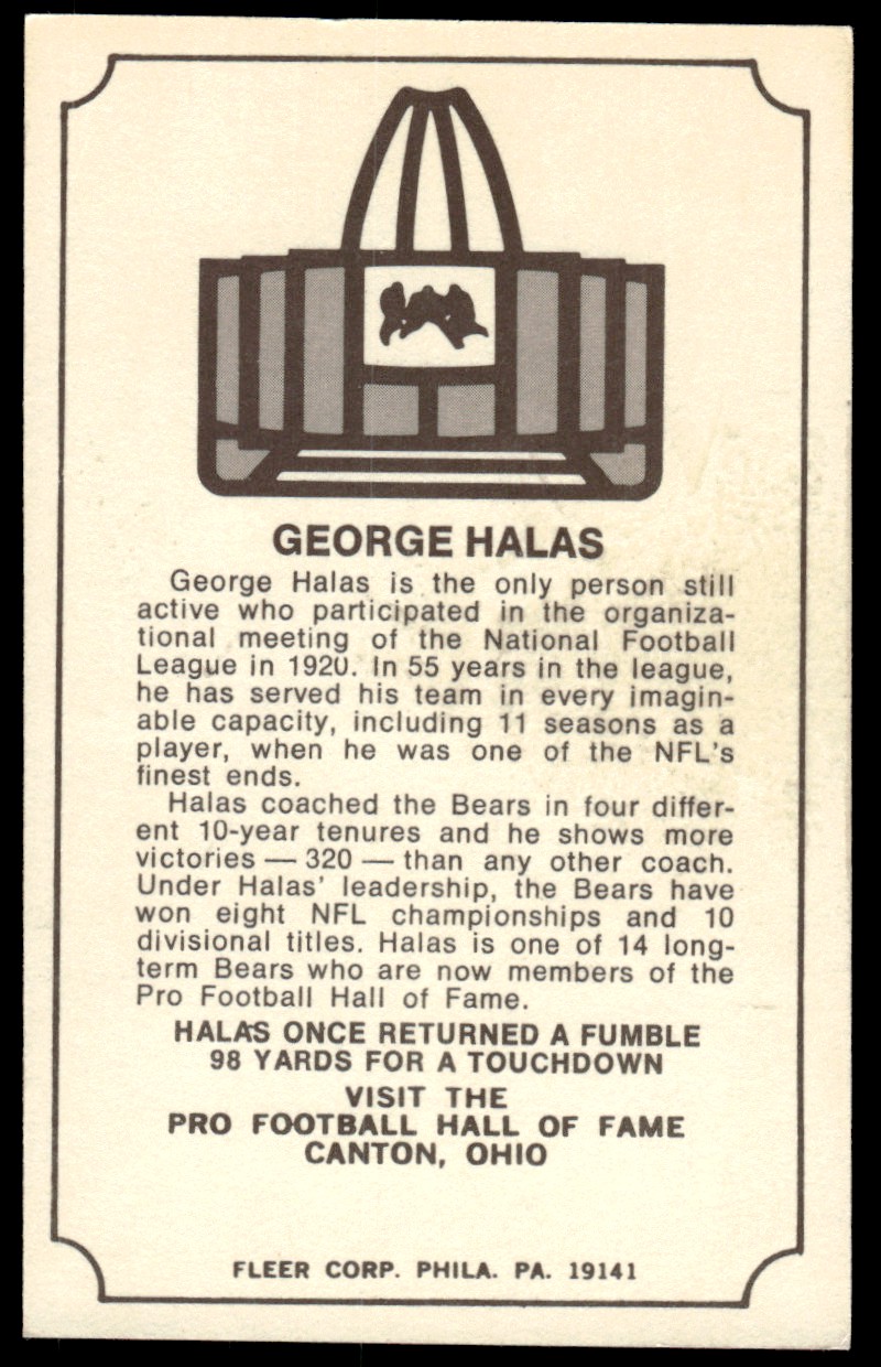 1974 Fleer Hall of Fame #16 George Halas CO/OWN back image