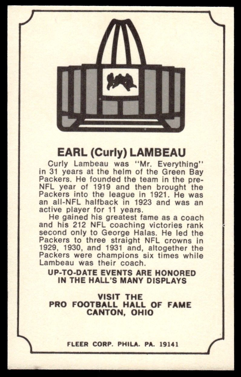 1974 Fleer Hall of Fame #25 Curly Lambeau CO back image