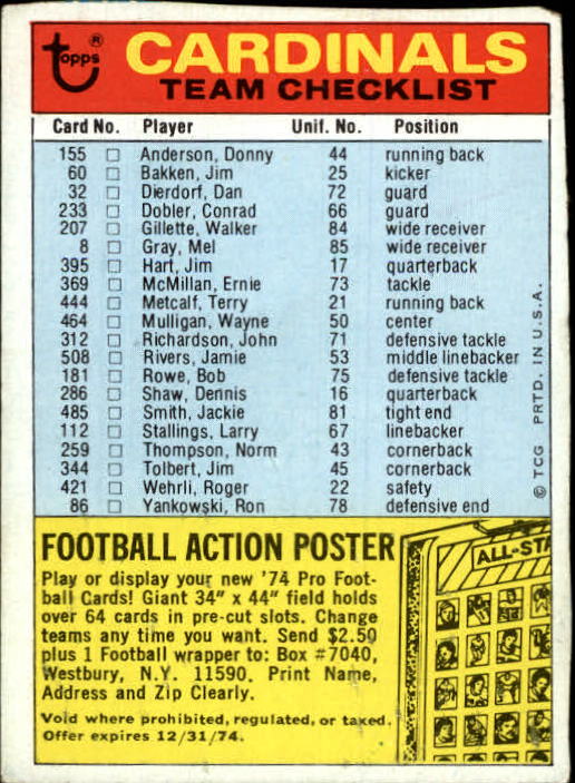 1974 Topps Team Checklists #23 St. Louis Cardinals - VG | eBay
