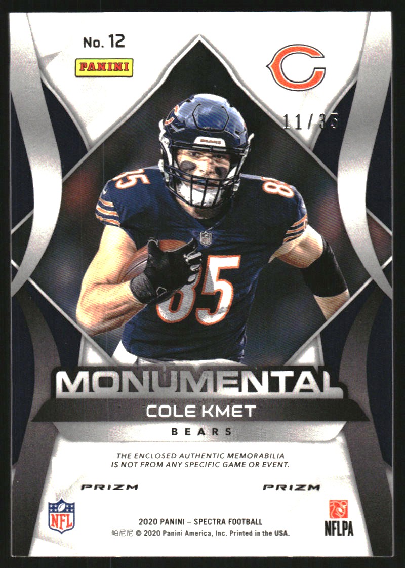 2020 Panini Spectra Monumental Memorabilia Neon Green #12 Cole Kmet/35