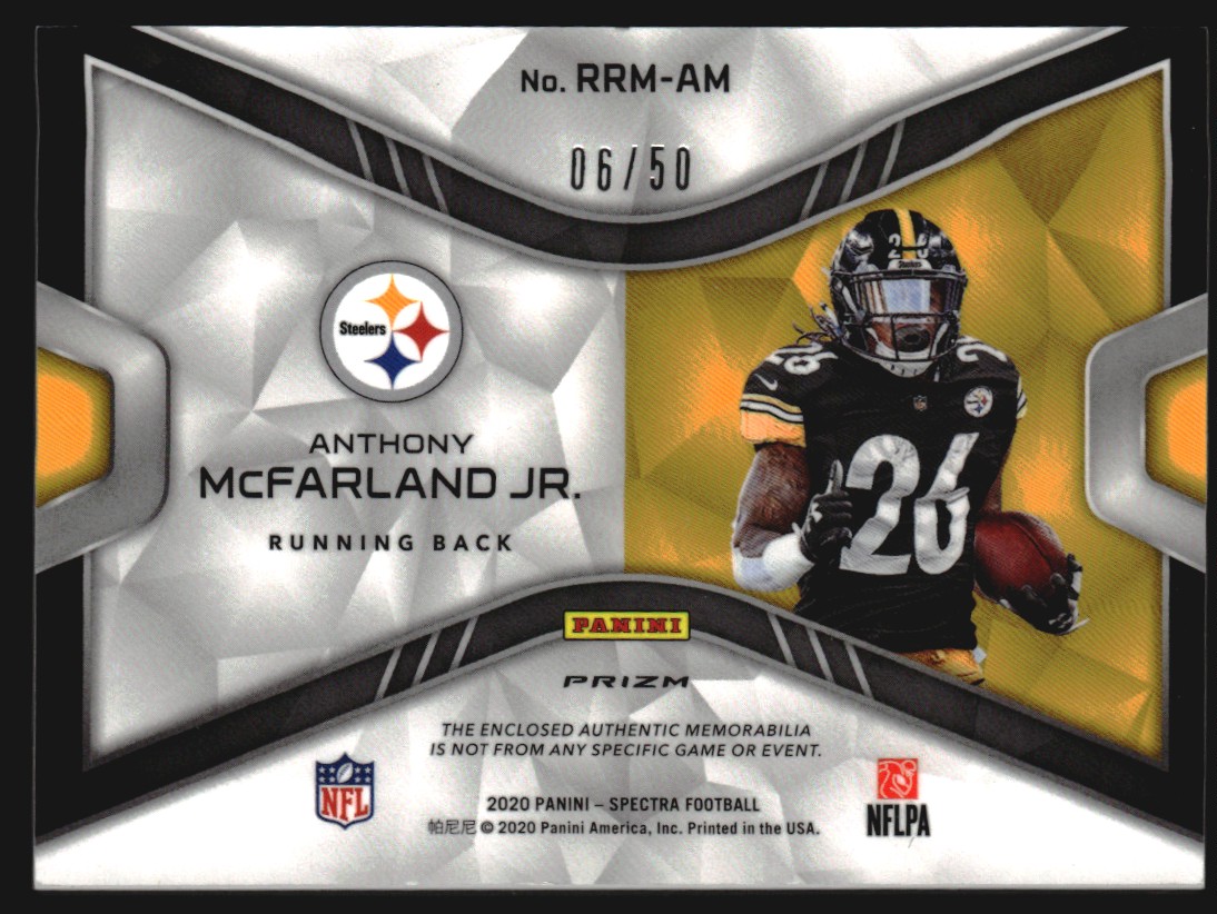 2020 Panini Spectra Rising Rookie Materials Neon Blue #24 Anthony McFarland Jr./50