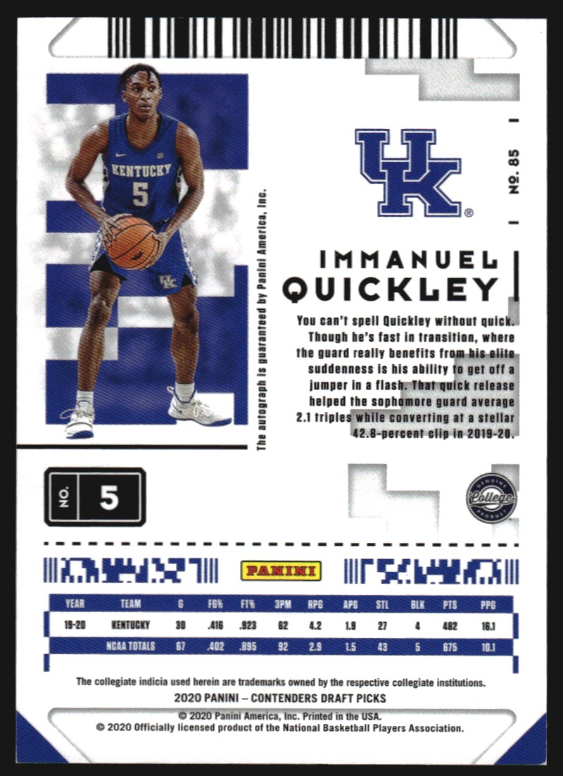 2020-21 Panini Contenders Draft Picks Game Ticket Purple #85 Immanuel Quickley AU/99