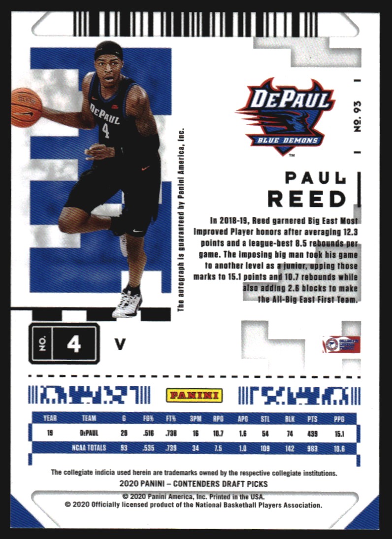 2020-21 Panini Contenders Draft Picks Variations Conference Finals Ticket #93 Paul Reed AU back image