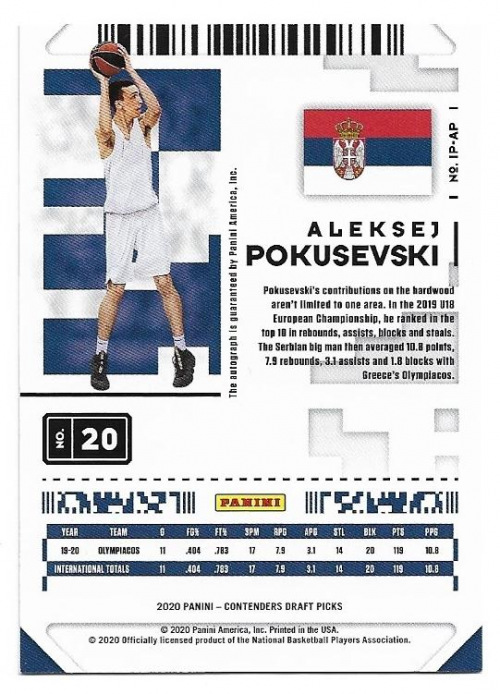2020-21 Panini Contenders Draft Picks International Prospect Ticket Autographs #4 Aleksej Pokusevski back image
