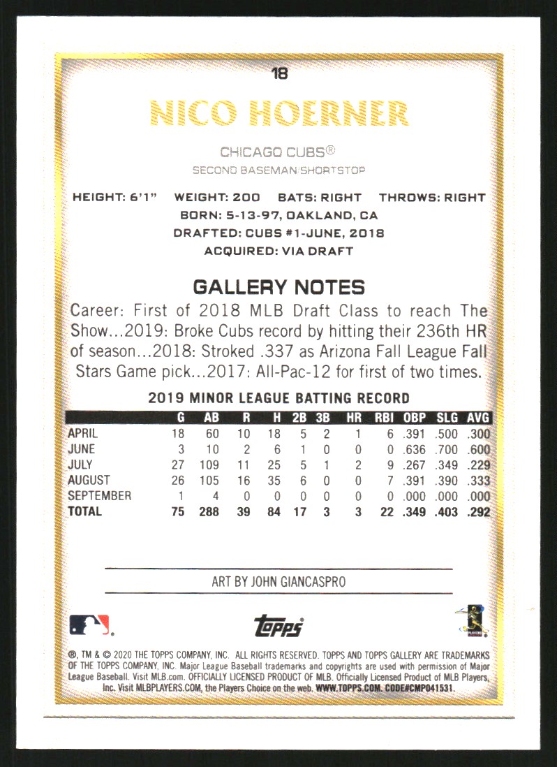 2020 Topps Gallery #18 Nico Hoerner RC