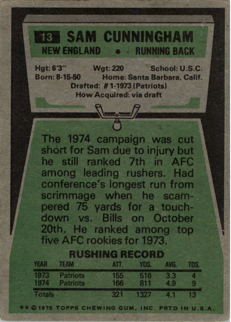 1975 Topps #13 Sam Cunningham back image
